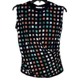 BOSS Women Esanta Sleeveless‎ Navy Top with Multicolor Check Print, Fits L / XL